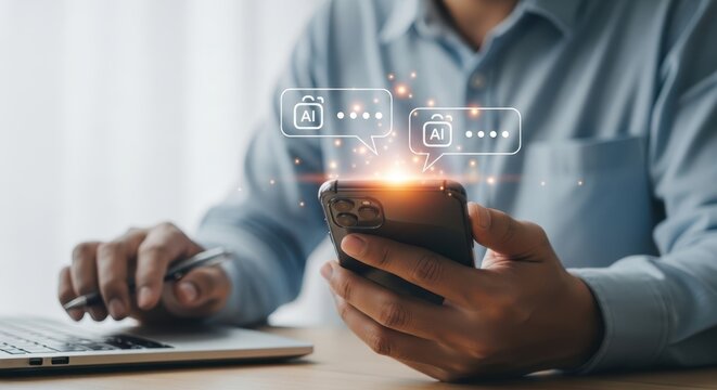 Photo of a person uses a smartphone with glowing ai chat bubbles and notifications, symbolizing digital communication and artificial intelligence in modern technology - Powered by Adobe