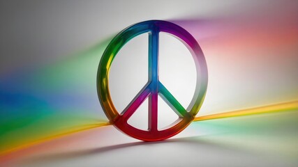 Multicolored glass peace symbol with radiant rainbow light reflections on gradient background