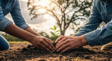 Senior couple holding hands while gardening in nature, planting vegetables together in the spring soil