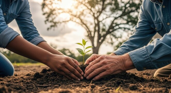 Senior couple holding hands while gardening in nature, planting vegetables together in the spring soil