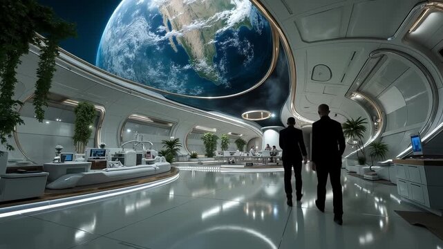 A futuristic space station with a view of the earth
