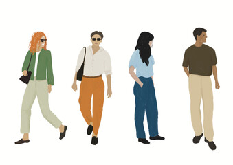 Obraz premium Set of standing and walking characters- Stylish and fashionable people-Chalk-drawn character set