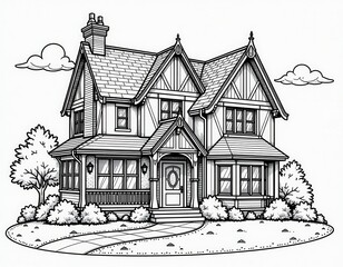 Fototapeta premium Charming Traditional House Line Art Illustration with Garden