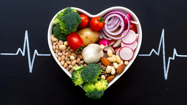 Heart shaped bowl full of healthy vegetables and nuts promotes cardiovascular health and well-being through good nutrition.