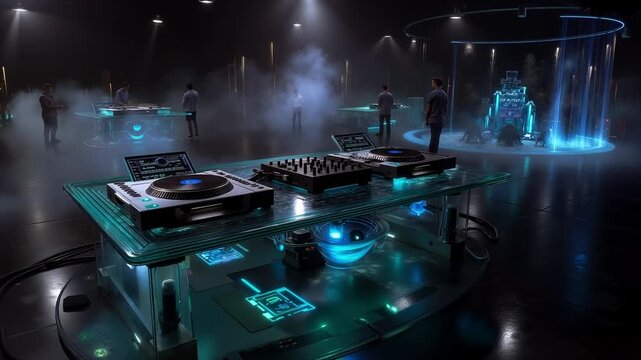 A group of people standing around a table with a dj set up
