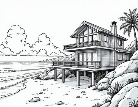 Coastal Beach House Line Art Illustration