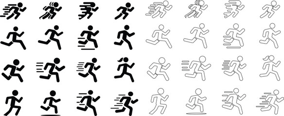 image displays of running and walking icon set. used to symbolize movement fitness or activity in various contexts workout modes or goals related to speed progress or routes web design infographics