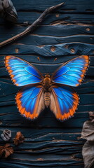 Vibrant Blue and Orange Butterfly on Dark Wood