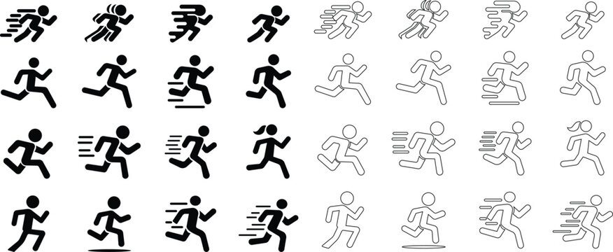 image displays of running and walking icon set. used to symbolize movement fitness or activity in various contexts workout modes or goals related to speed progress or routes web design infographics