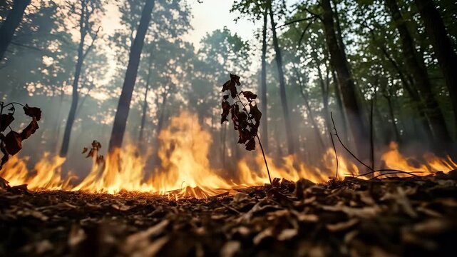 Low angle wildfire scene for high-intensity disaster action and cinematic footage