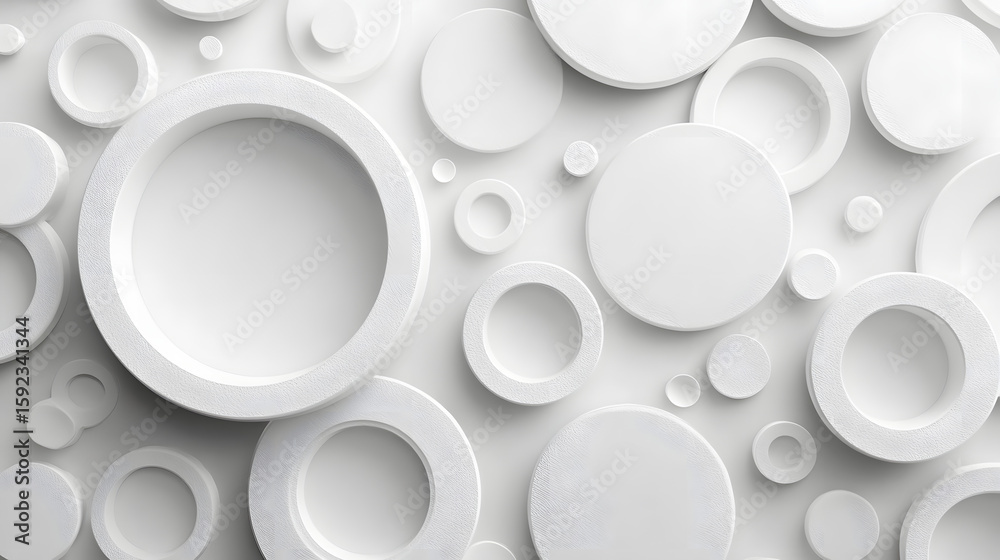 Poster white background with many circles of different sizes. the circles are all white and appear to be sc