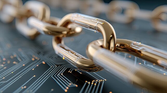 Intricately designed golden chain links featuring electronic circuits, glowing in a cosmic environment with captivating lighting and depth