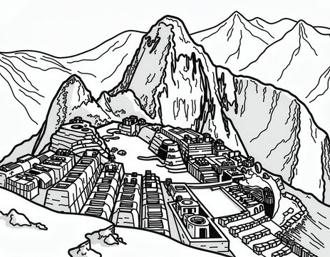 Machu Picchu Ancient Inca City Line Art