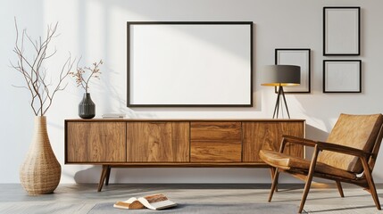 Modern living room with wooden furniture and empty frames.