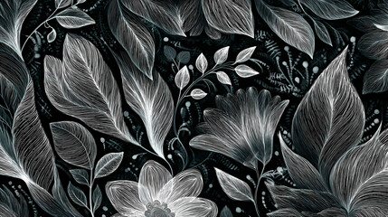 Intricate charcoal floral pattern, abstract botanical design , art deco, plants, line art. embossed line. Illustration