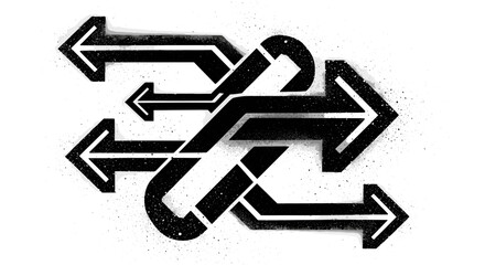 Intertwined black arrows pointing in different directions on a white background illustration art