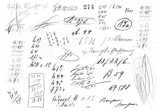 set or collection of hand drawn scribbles, numbers, calculations, abstract, pencil, crayon and ink, isolated over transparency, digital grungy collage design elements, PNG 