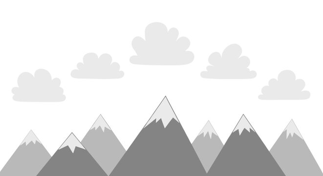 Illustration of a grayscale mountain range with snow capped peaks under fluffy clouds in a white sky