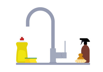 Kitchen sink and faucet front view with cleaning supplies. Dish soap, sponge, spray detergent and brush around the sink. Simple illustration, stock flat vector, isolated.