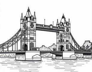 Obraz premium London Tower Bridge Line Art Illustration - Black and White Sketch