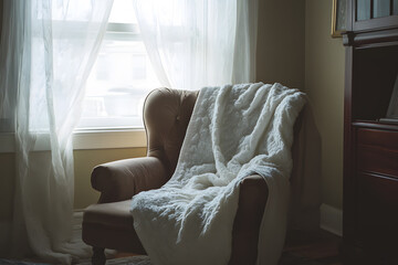 a chair with a blanket on it in front of a window