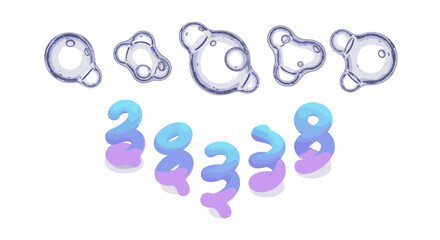 Fototapeta premium Illustration showing seven clear water droplet shapes above year twenty twenty three in blue and purple