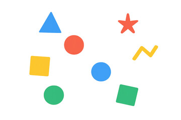 Colorful geometric shapes, including squares, circles, triangles, and a star, float against a transparent background