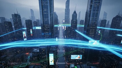 Cityscape with Digital Traffic Flow in Modern Financial District - Powered by Adobe