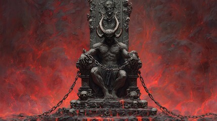 Horned demonic figure sitting on a throne of bones, hellish background with lava and chains