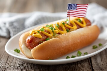 hot dog day. Hot dog with mustard and green onions on a plate, garnished with a small flag, celebrating national hot dog day with delicious flavors