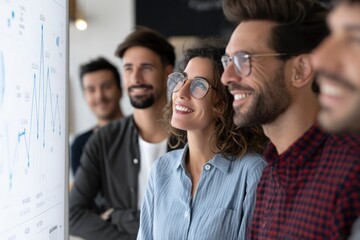 group of teachers with hopeful faces seeing progress spike on digital dashboard