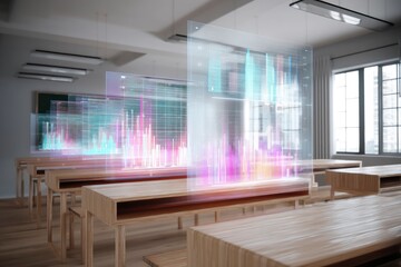 holographic attendance chart hovering above a desk in smart classroom, K-12 futuristic data visualization