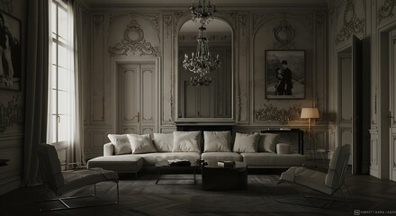 Elegant living room with ornate wall decor, chandelier, sofa, and chairs in a classic, luxurious style.