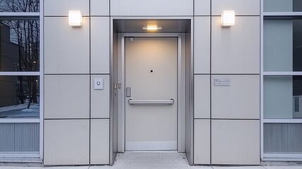 apartment front door with recessed LED-lit handle surrounded by brushed aluminum paneling and minimal wall fixtures urban apartment front door recessed handle LED lighting brushed aluminum panel 