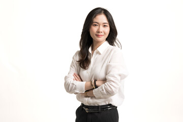 Beautiful smiling young asian business woman wear white shirt isolated on white background.Asian...