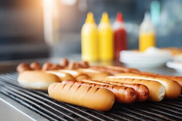 hot dog day. Grilled hot dogs sizzling on a barbecue grill with condiments in the background, celebrating national hot dog day with delicious flavors