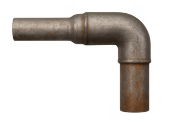 Rusty metal pipe fitting forming a ninety degree angle with transparent background