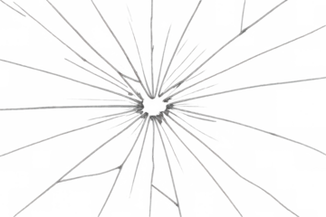 Realistic cracked glass texture with hole on transparent background, broken window effect overlay