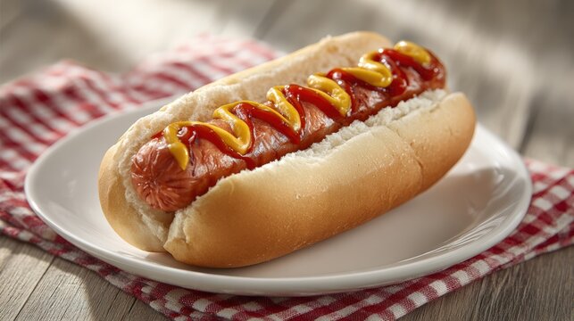 hot dog day. Juicy hot dog topped with mustard and ketchup, served on a white plate with a red checkered napkin, perfect for national hot dog day celebration - Powered by Adobe