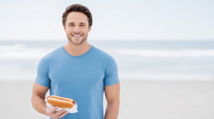 hot dog day. Smiling man holding a delicious hot dog at the beach, enjoying a sunny day, celebrating national hot dog day with friends and family