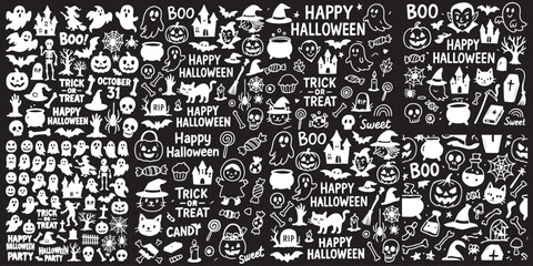 
Big set of silhouettes of Halloween on a white background. Vector illustration.
