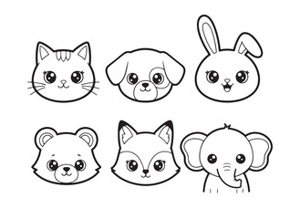 Vector illustration icons featuring various pet animals Kitten, Puppy, Rabbit, Bear, Fox, Elephant