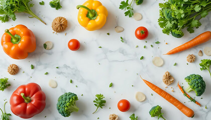 Colorful Fresh Vegetables and Herbs Arranged on Marble, Perfect for Healthy Living Stock Photo