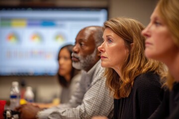 school leadership reviewing assessment dashboards on projector, focused expressions