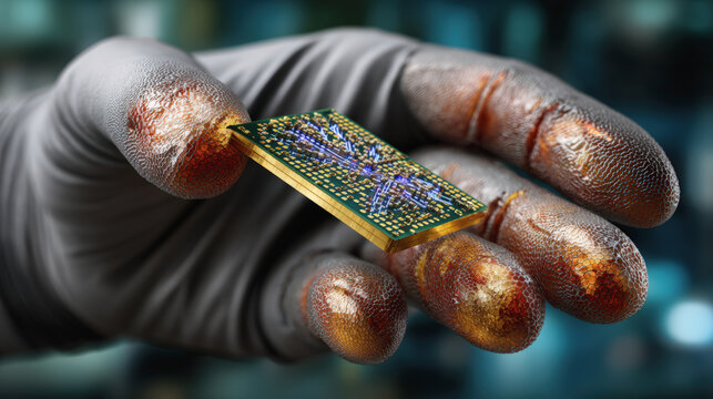 Close up of lab technician glove holding microchip, showcasing intricate details and textures, emphasizing precision and technology