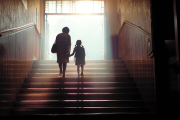 single parent watching child walk up school steps toward a bright future, emotional lighting