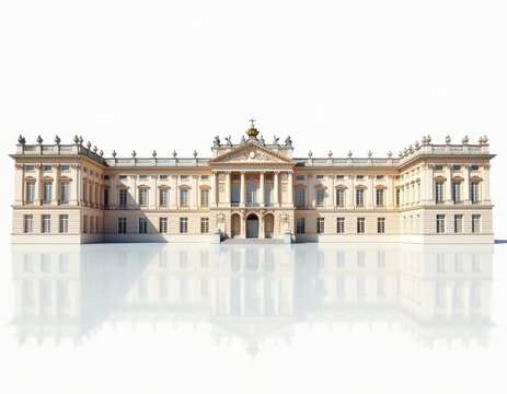 Grand Neoclassical Palace on White Background with Reflection