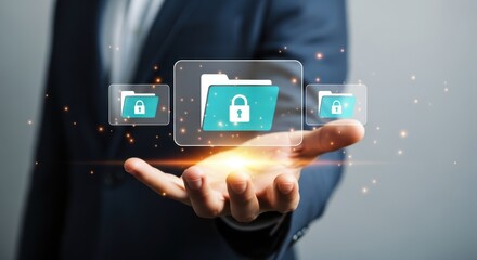 Photo of a persons open palm displays a glowing digital interface with secure folder icons, symbolizing data security and organized digital information management