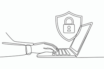 Continuous line drawing of a hand typing on a laptop with a security shield and lock isolated on white background