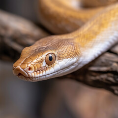 Fototapeta premium Golden snake with scales on a branch in nature, featuring an exotic reptile and serpent.